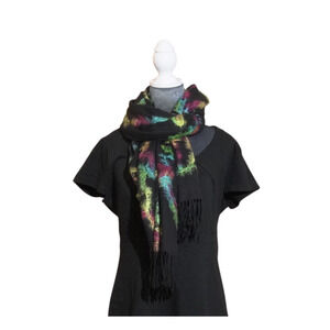 Black Wool-Like Shawl Wrap with All-Over Rainbow Cloud Pattern & Fringe – 68"x26